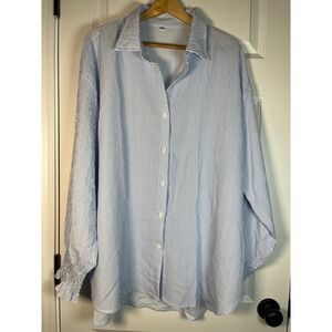 Blue White Striped Seersucker Button Up Shirt Smocked Ruffle Cuff 2XL